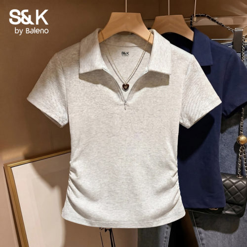班尼路S&K灰色POLO衫短袖T恤女夏季新款收腰显瘦休闲运动上衣女N
