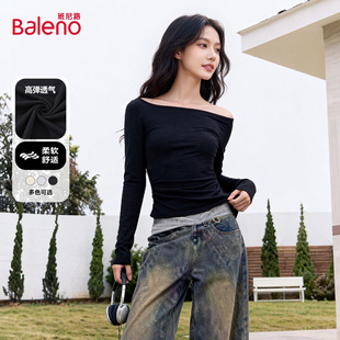 百搭长袖 班尼路黑色一字领修身 收腰时尚 新款 t恤H 内搭女2026春季
