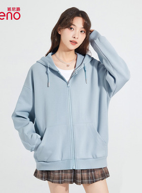班尼路蓝色休闲外套女秋季新款2025连帽开衫慵懒风宽松舒适卫衣Q
