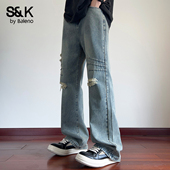 复古风破洞牛仔裤 男春季 2026新款 班尼路SK美式 宽松直筒阔腿长裤