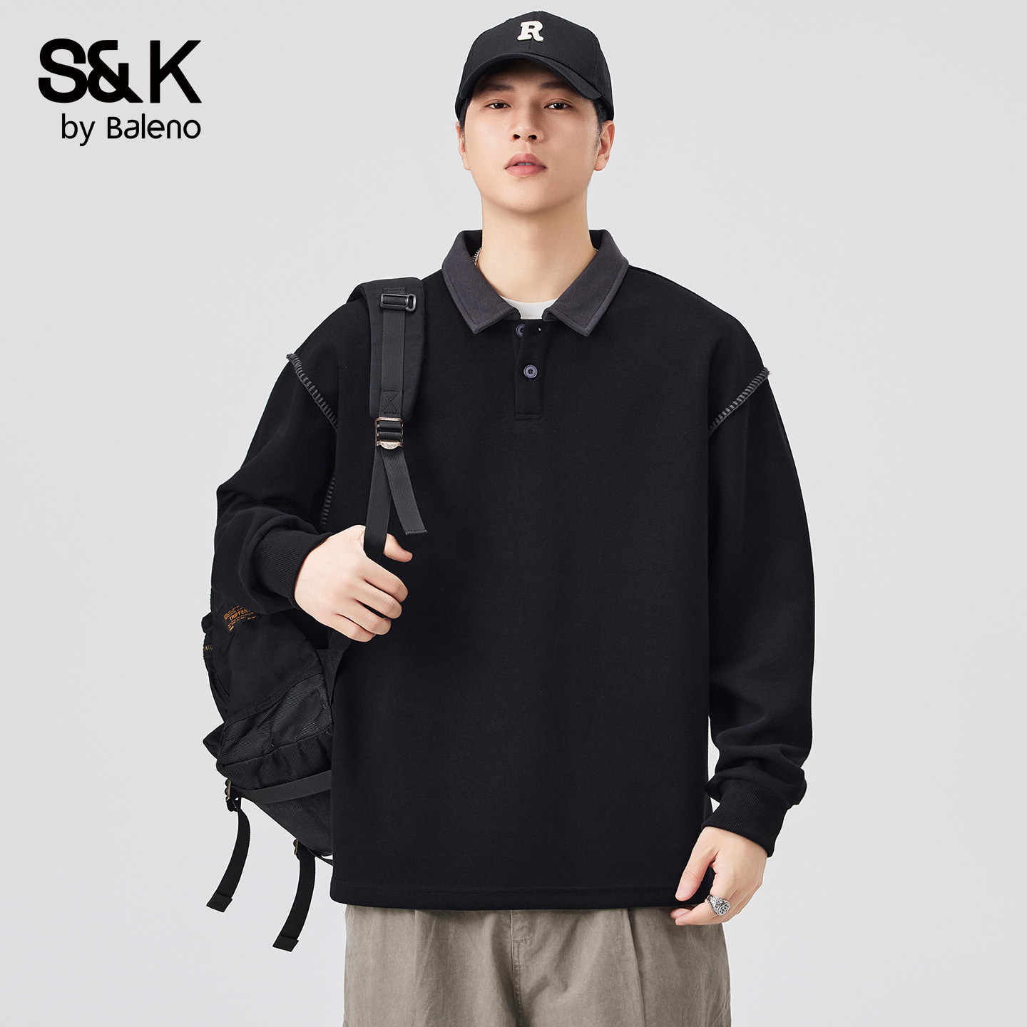 班尼路SK轻奢简约运动风翻领POLO衫男宽松秋季长袖卫衣休闲上衣YS