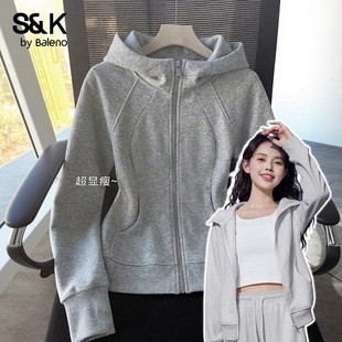 班尼路S&K系列灰色收腰显瘦连帽卫衣女款2026春秋新款开衫外套H