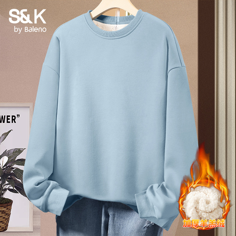 班尼路S&K系列蓝色圆领卫衣女款秋冬新款加绒加厚无帽羊羔绒上衣Q