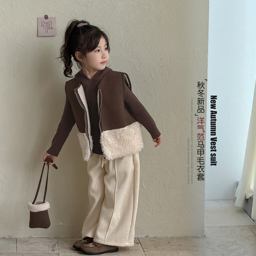 女童套装2025秋冬新款儿童连帽针织衫宝宝冬季加绒休闲马甲两件套