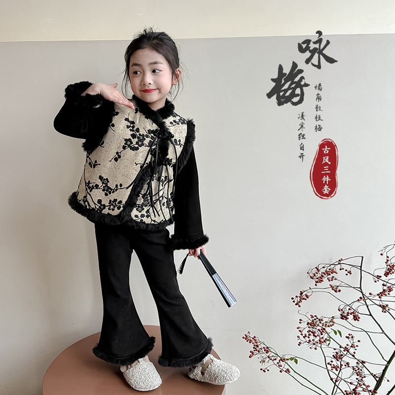 女童旗袍拜年服冬套装龙年唐装