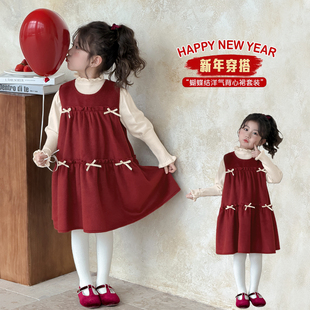 女童红色连衣裙套装2026新款女孩裙子新年衣服宝宝喜庆战袍拜年服