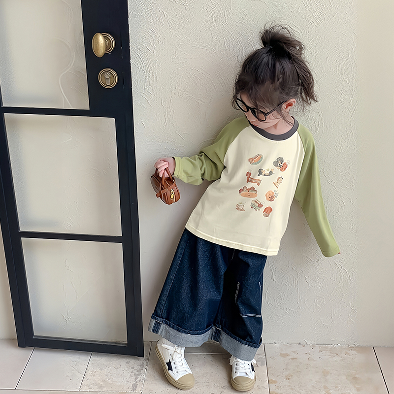 女童长袖t恤春秋撞色插肩袖上衣