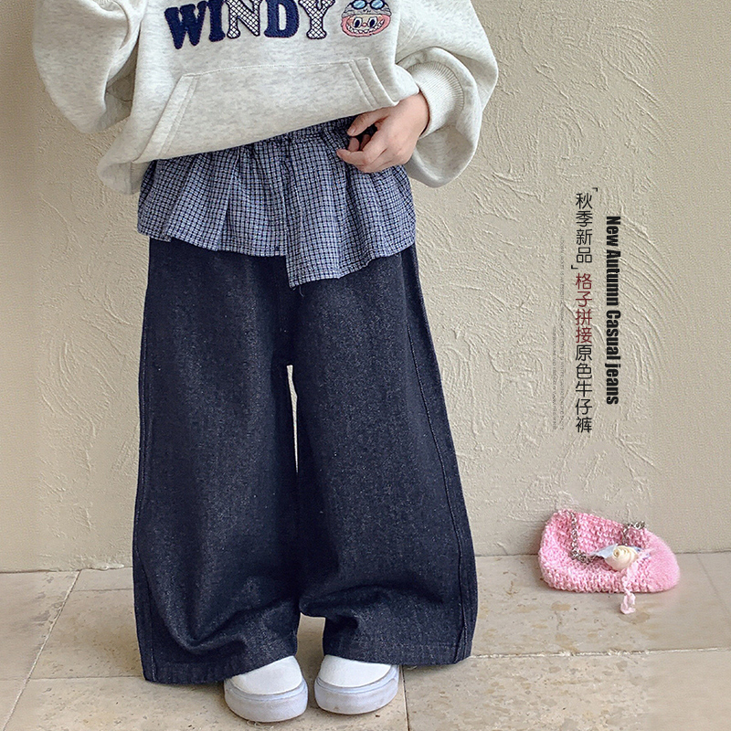 女童牛仔裤2025秋装新款童装儿童裤子宝宝拼接屁帘长裤百搭阔腿裤