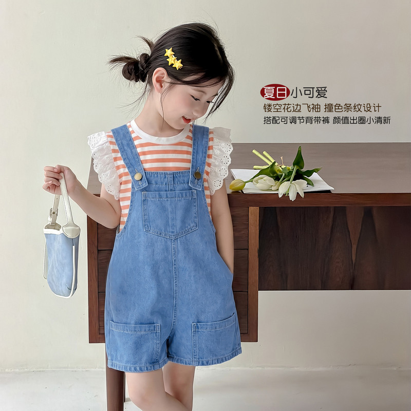 女童背带裤套装夏装2026新款儿童夏季条纹短袖T恤洋气时髦两件套图片