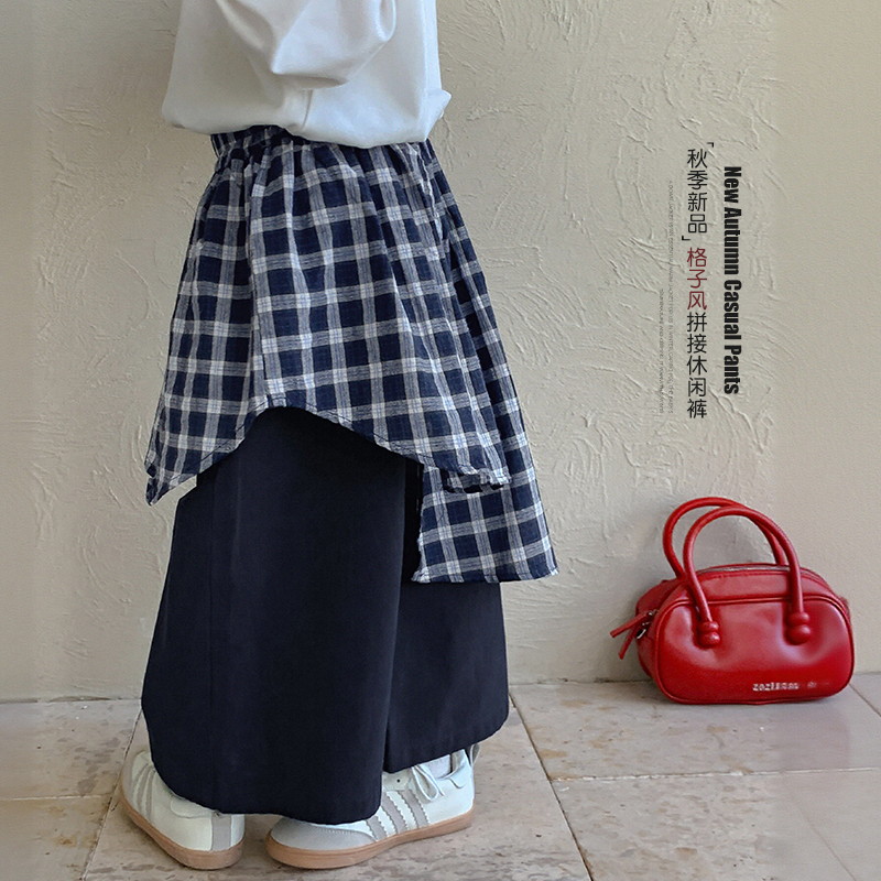 女童牛仔裤秋装2025新款韩版儿童格子屁帘裤子秋季女孩直筒阔腿裤