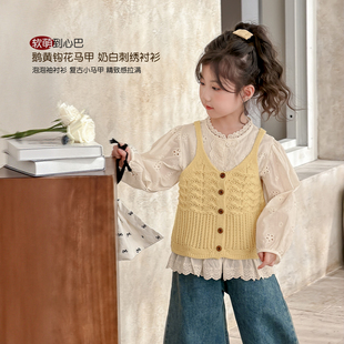 女童衬衫套装春装2026新款森系女孩娃娃衫上衣儿童装春季针织马甲