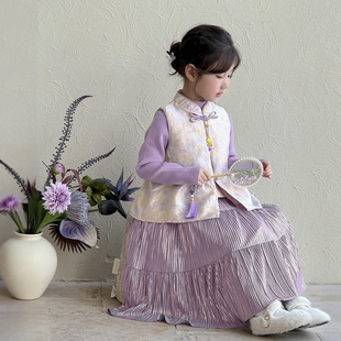 女孩国风马甲半身裙毛衣三件套 拜年服2026新款 汉服女童新中式 唐装