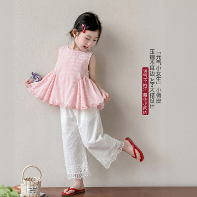 女童格子娃娃衫夏装2026新款超火女宝夏季压褶衬衣儿童装无袖衬衫