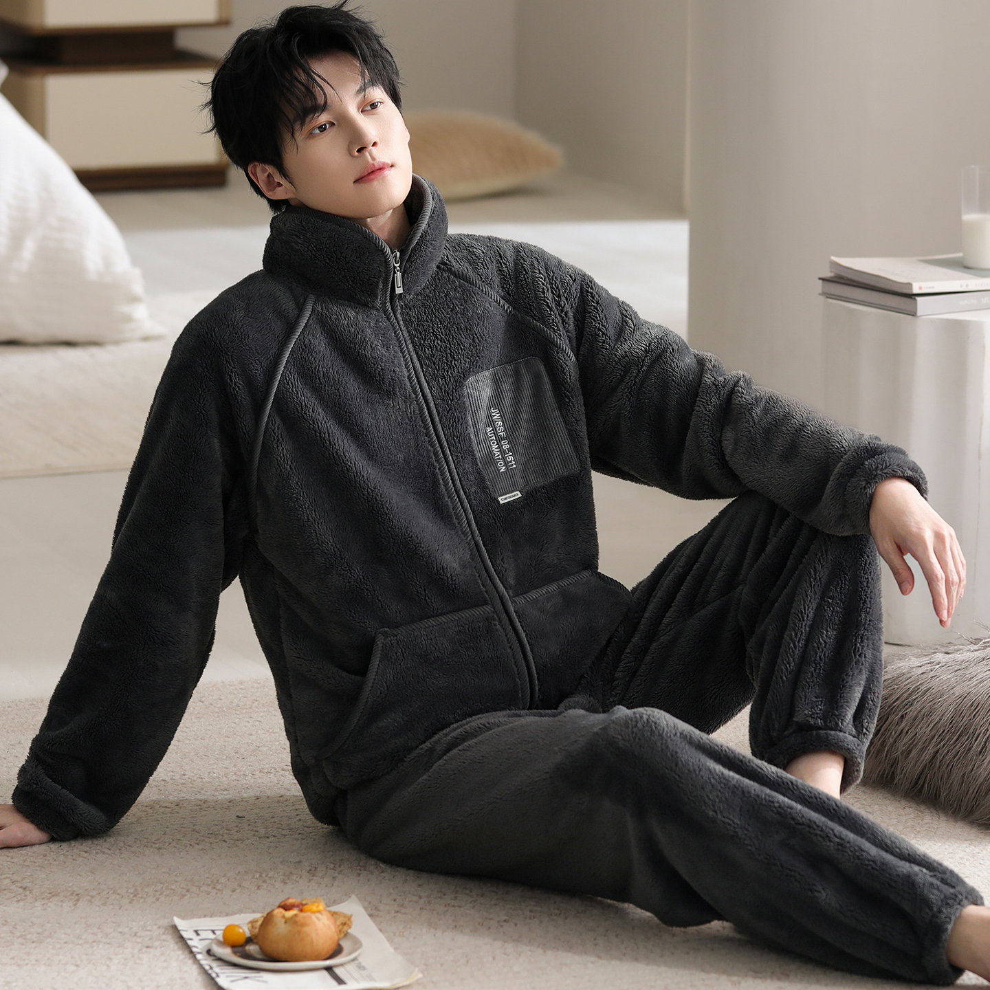 睡衣男秋冬加厚加绒法兰绒套装珊瑚绒家居服开衫拉链大码保暖冬装