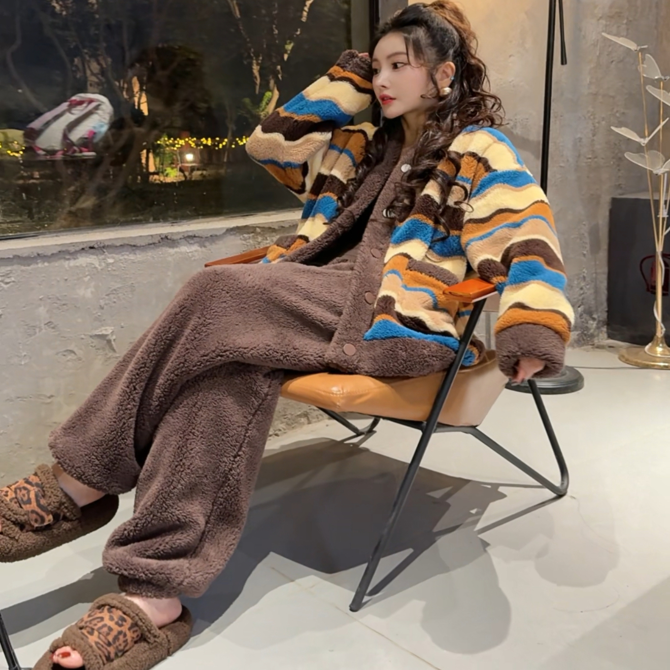 新款玉兔绒可外穿家居服女士套装