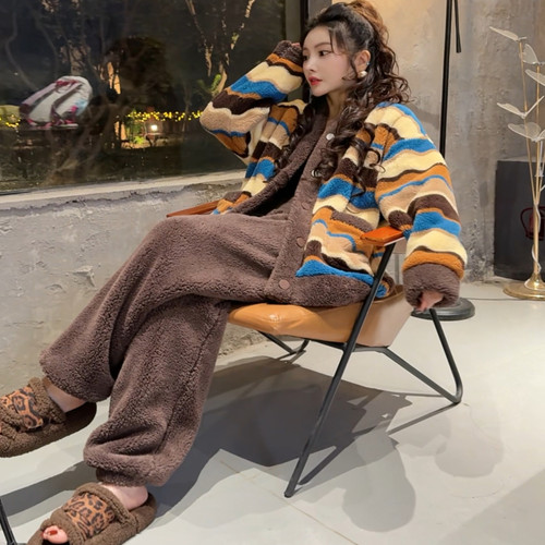 新款玉兔绒可外穿家居服女士套装