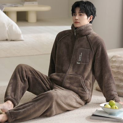睡衣男秋冬加厚加绒法兰绒套装珊瑚绒家居服开衫拉链大码保暖冬装