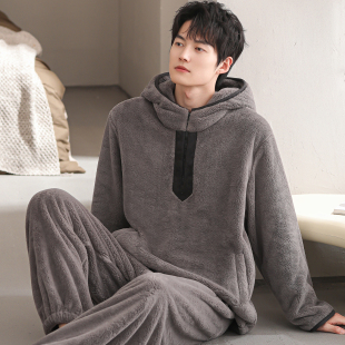 保暖冬装 拉链大码 珊瑚绒家居服开衫 睡衣男秋冬加厚加绒法兰绒套装