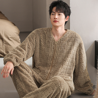睡衣男秋冬加厚加绒法兰绒套装珊瑚绒家居服开衫拉链大码保暖冬装