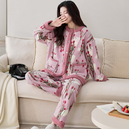 新款玉兔绒可外穿家居服女士套装