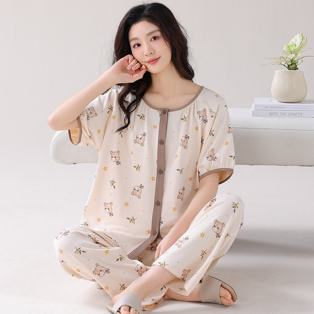 100%纯棉夏季女士家居套装休闲睡衣加大码短袖长裤可外穿高级感