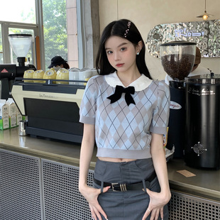 新款 娃娃领正肩短袖 上衣女夏季 针织T恤蝴蝶结设计感洋气修身 短款