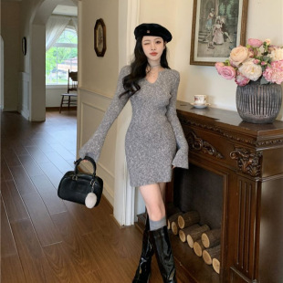 内搭长袖 新款 收腰显瘦包臀裙 设计感打底v领针织连衣裙子秋季 法式