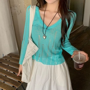 防晒 慵懒风早秋薄款 镂空罩衫 上衣女新款 设计感做就破洞长袖