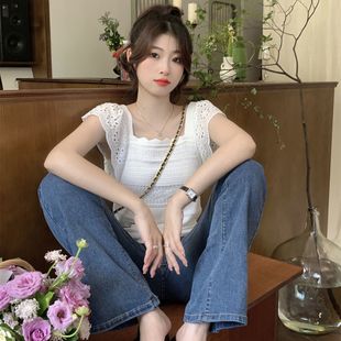 蕾丝小清新短袖 针织温柔T恤设计感小众气质法式 方领上衣短款 夏季