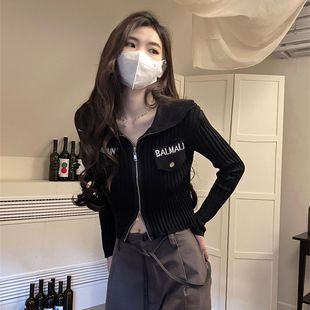 辣妹修身 街頭風個性 拉鏈翻領開衫 新款 針織外套復古設計感短款