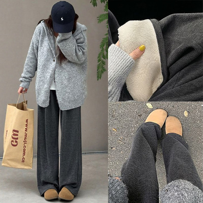 糯米裤女秋冬加绒新款小个子宽松软糯冬季加厚羊羔绒阔腿裤子