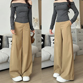 女款 春秋新款 高腰休闲垂坠感直筒老钱风西装 卡其色阔腿裤 裤 子