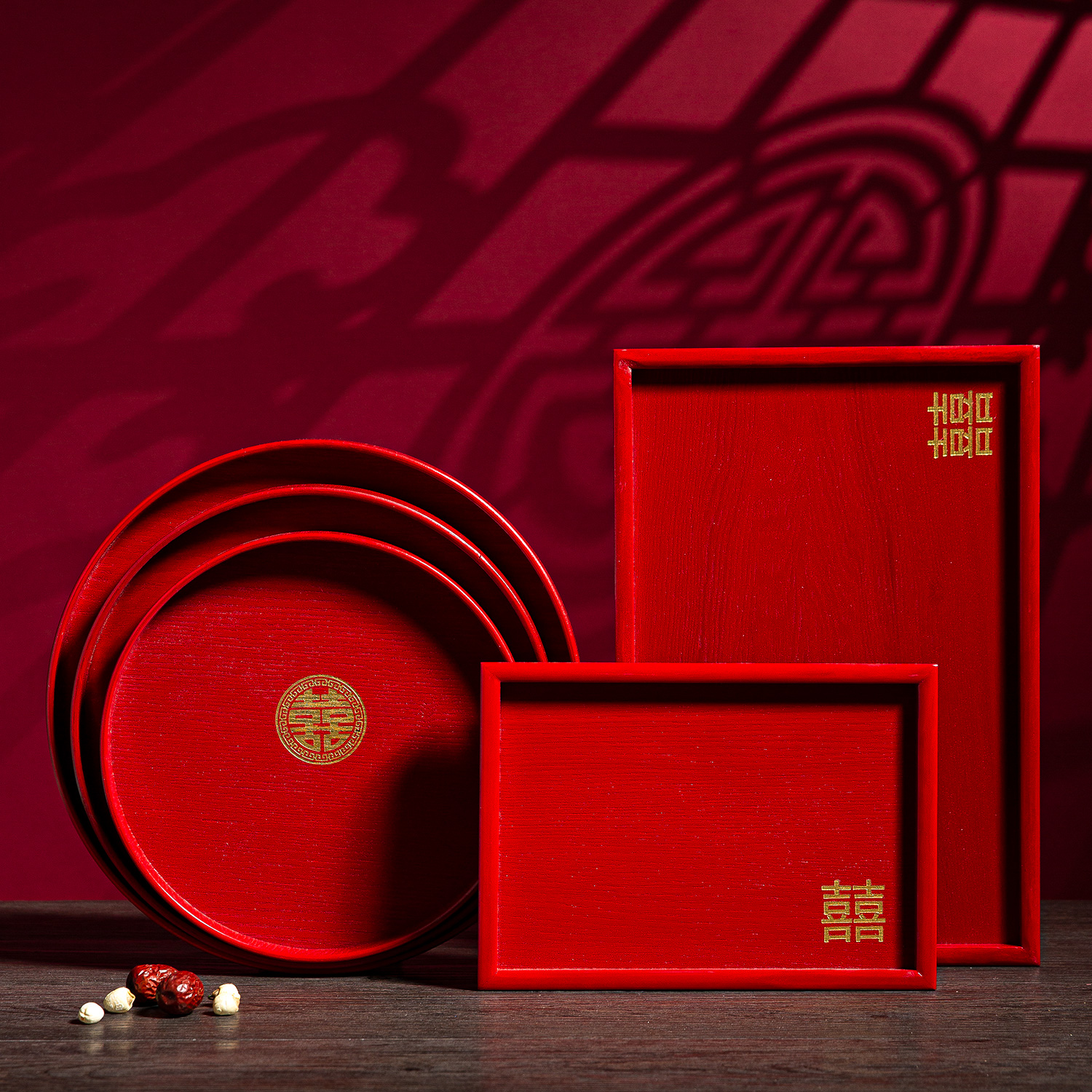 红色喜盘中式托盘长方形敬茶木盘子敬酒结婚陪嫁木质敬茶盘干果