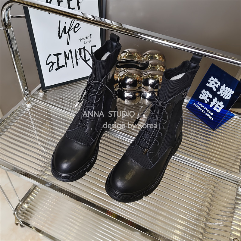 真皮商场撤柜圆头拼接针织瘦瘦靴厚底烟筒靴显廋马丁靴女低跟单靴,女鞋,马丁靴,淘宝优惠券,粉丝福利购,淘宝优惠卷