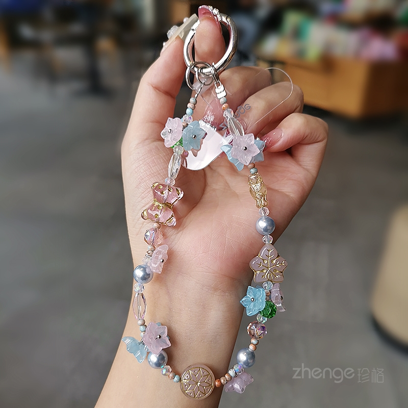 双域枫叶花水晶手机链女ins高级感手腕挂饰精致水晶挂件串珠链短款户外旅游逛街防丢手提链带子手机壳挂绳新