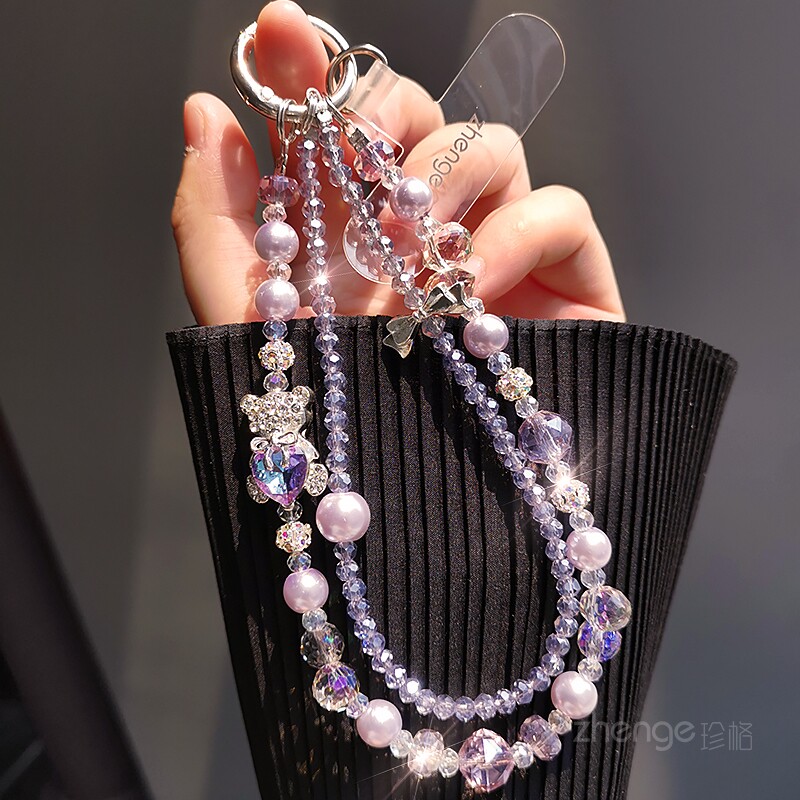 双域坐姿小熊手机链串珠挂件手腕绳ins女超好看水晶精致高级感吊坠户外旅游防丢套壳ccd相机链子手机挂绳新品