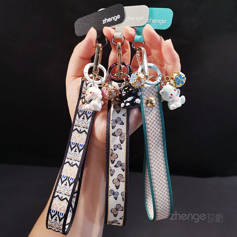双域手机挂绳手腕短款宽版彩绘印花织带布绳子卡通可爱铃铛挂件手绳防丢户外旅游登山防盗手机壳电话套小绳新