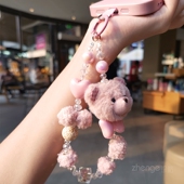 户外旅游手提串珠挂链手机壳通用防丢绳 百搭毛球挂饰高端女生秋冬款 手机挂绳短款 手腕挂链小熊毛绒绒饰品个性