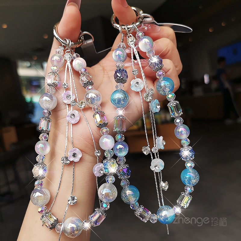 双域精致水晶手机链女手腕小众轻奢饰品高级感手作串珠短款户外旅游出行防丢手提链清新挂件高端手机壳套挂绳