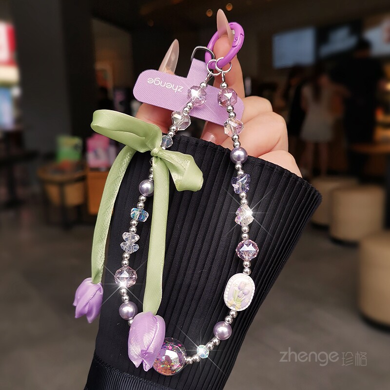 双域绝美花朵水晶手机链挂件ins女时尚手腕短款超好看小众高级感钥匙包包旅游出行防丢手提链腕带手机挂绳新