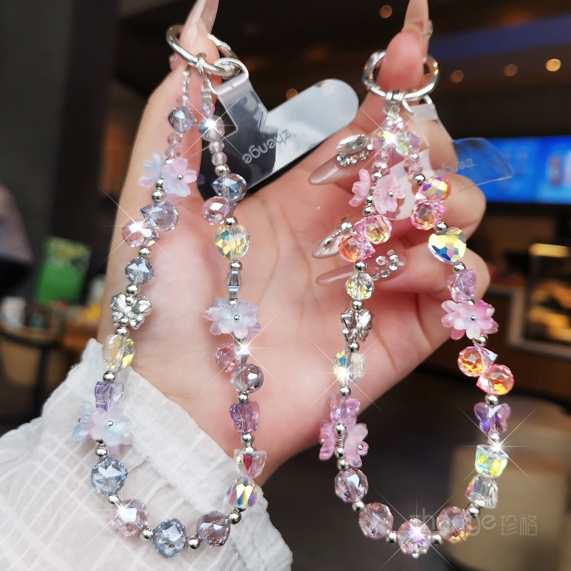 双域蝴蝶水晶花手机链ins女夏日小众清新手腕挂件饰品精致手作串珠短款户外旅游出行防丢防盗手提链手机挂绳