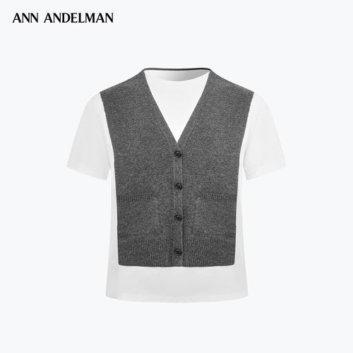 ANN ANDELMAN毛织假两件V领短袖女宽松圆领针织马甲上衣