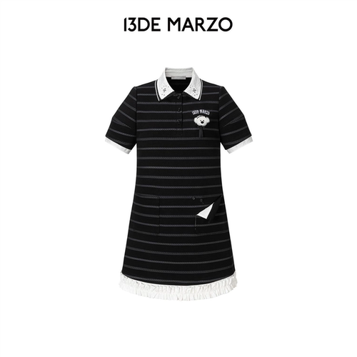 13DE MARZO女士 2026春夏新款撞色POLO短裙条纹黑色花边洋装
