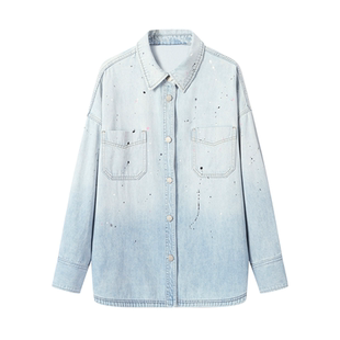 ANDREAMARTIN2026春季新款复古做旧渐层泼墨工装牛仔衬衫休闲外套