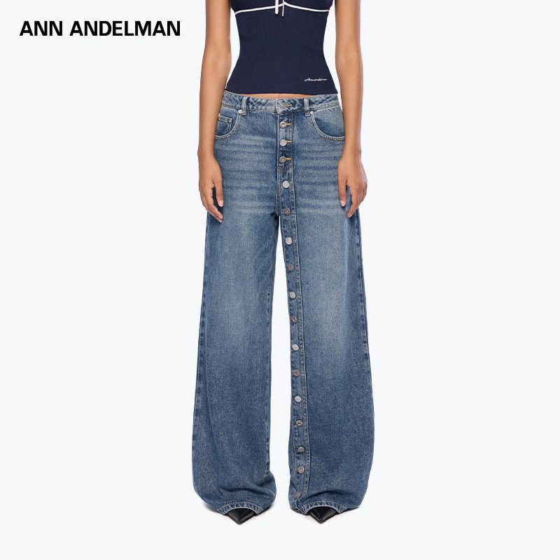 ANN ANDELMAN 蓝色纽扣设计感休闲阔脚长裤加长门襟牛仔裤,女装/女士精品,牛仔裤,淘宝优惠券,粉丝福利购,淘宝优惠卷