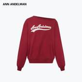 ANN ANDELMAN新年穿搭酒红色卫衣女宽松长袖 斜领无帽套头露肩上衣