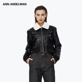 黑色毛领皮衣女POLO领设计感短款 新款 外套 ANDELMAN ANN