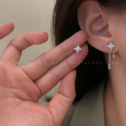 不对称八芒星流苏耳钉女ins小众设计感耳饰韩国气质网红耳环