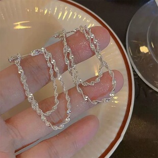 S925银针波光粼粼流苏耳钉轻奢高级感显脸小双层耳环气质耳饰耳坠