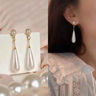 法式珍珠水滴耳环女长款耳坠高级感轻奢洋气质耳钉秋冬款银针耳饰